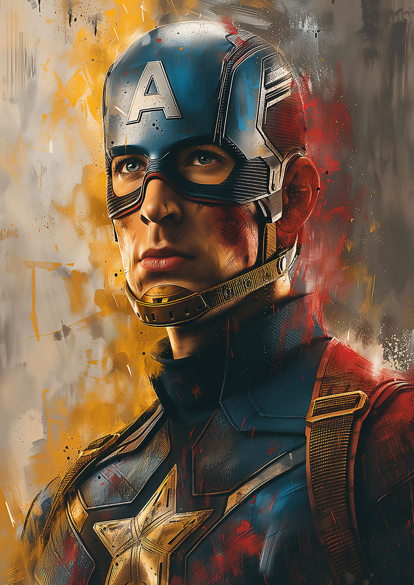 Dramatic artwork of a Captain America style super hero against a textured background with vibrant colours.